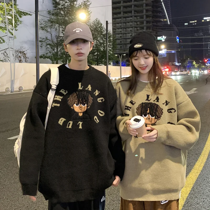 

2023 Y2K Pattern Black Lived Couples Printed Pullover Knitwear Men Oversized Japanese Anime Cartoon Embroidery Knitted Unisex
