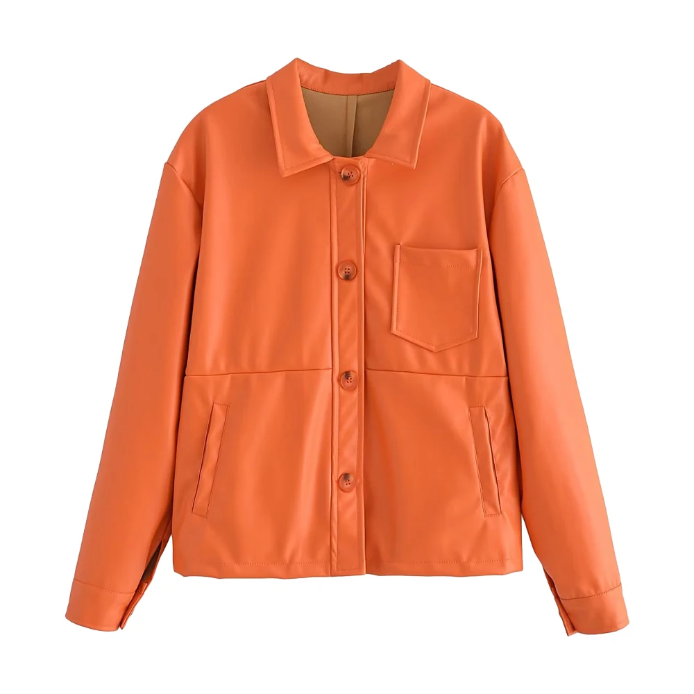 

Women's New 2022 Fashion Faux Leather PU Stitching Shirt Jacket Pocket Decoration Solid Color Retro Female Chic Jacket Mujer