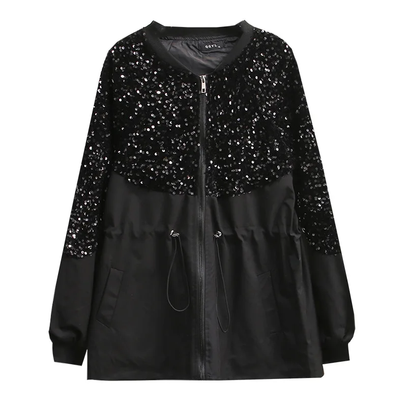 

Oversize Autumn 2023 Fashion Casual Female Sequined Splice Drawstring Waist Coats Chaqueta De Mujeres Women's Clothing Jacket