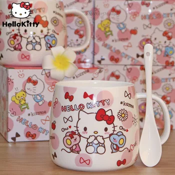 380ml Sanrio Hello Kitty Cute Cartoon Ceramics Mug With Lid Spoon Large Capacity Mugs Creative Coffee Milk Tea Cups Novelty Gift