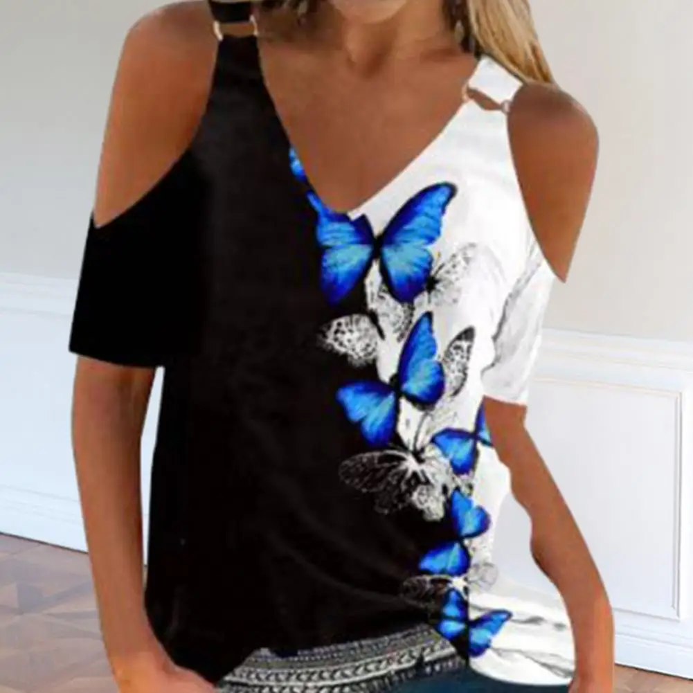 

Women Blouse Summer V-neck Short Sleeve T-shirt Cold Shoulder Buckle Decor Lady Tee Top Floral Print Pullover Tops Streetwear