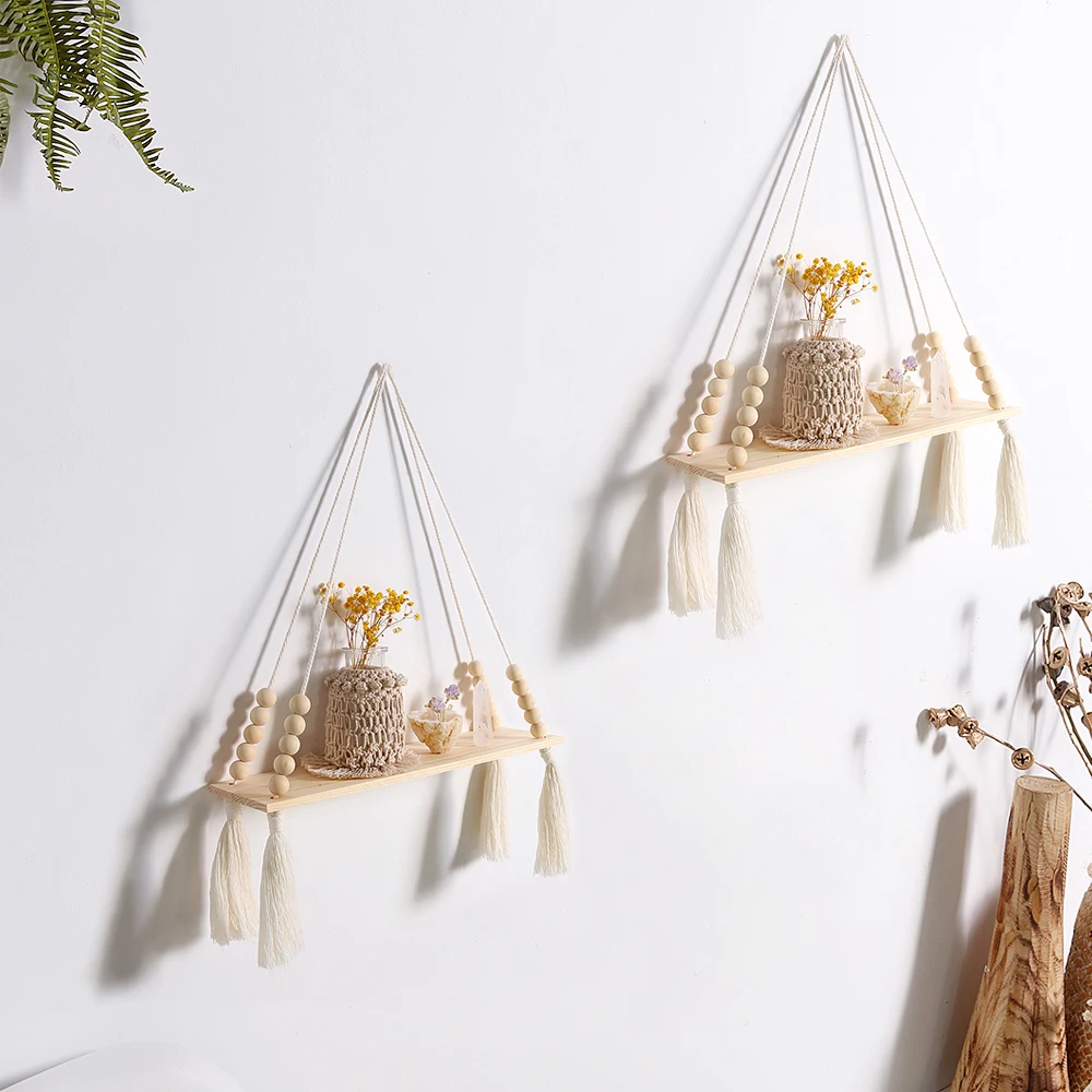

Macrame Wall Hanging Shelf Tassel Wood Decor Woven Wall Hanging Board Shelves for Home Decor Bedroom Living Room Cake Stand
