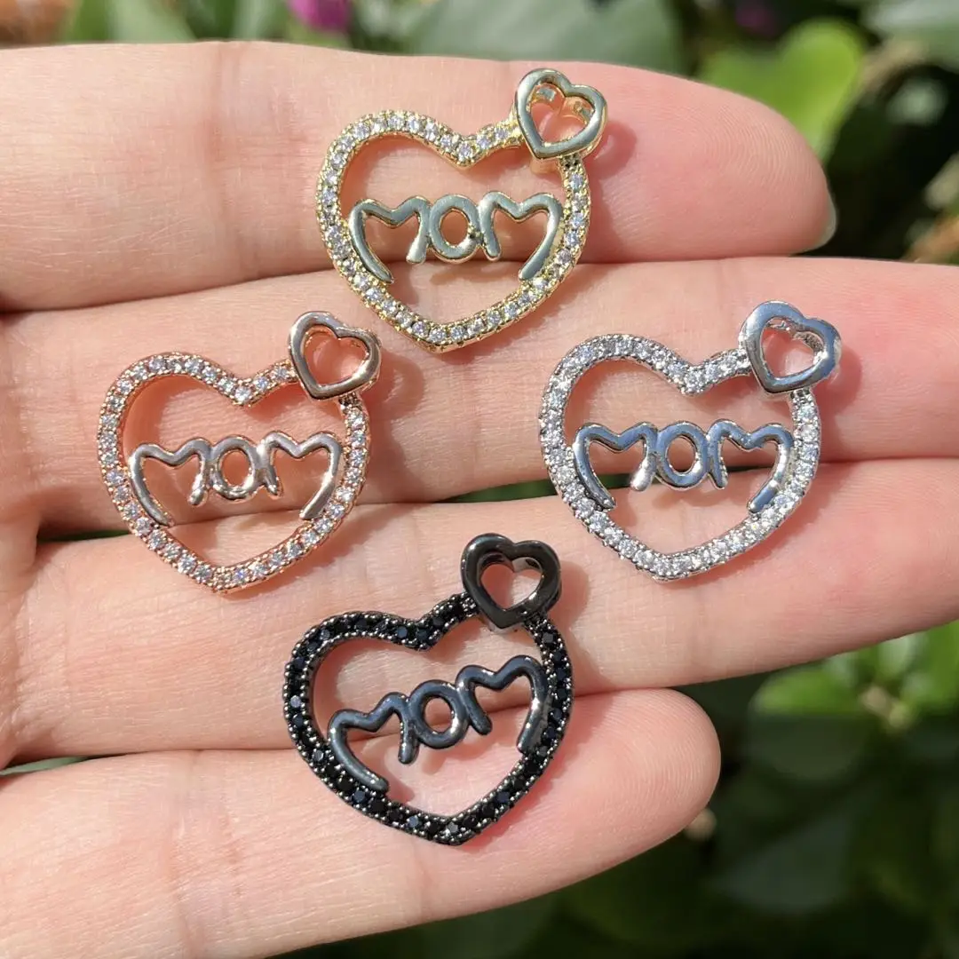 

5Pcs Cubic Zirconia Pave Mom Heart Pendant Charms Mothers' Day for Bracelets Necklace Jewelry Making