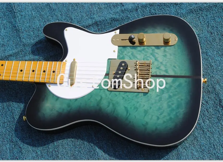 

Signature Tuff Dog TL Tele Caster Green Blue Sunburst Electric Guitar Quilted Maple Top Yellow Neck Gold Hardware