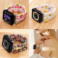 bohemian hand beaded soft pottery smiling face men woman strap for apple smart watch band 38mm 42mm bracelet for iwatch series