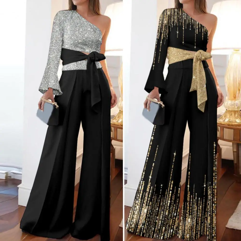 

2Pcs/Set Classic One Shoulder Fashion Charming Blouse Pants Suit Comfy Casual Outfit Bandage Bowknot for Vacation