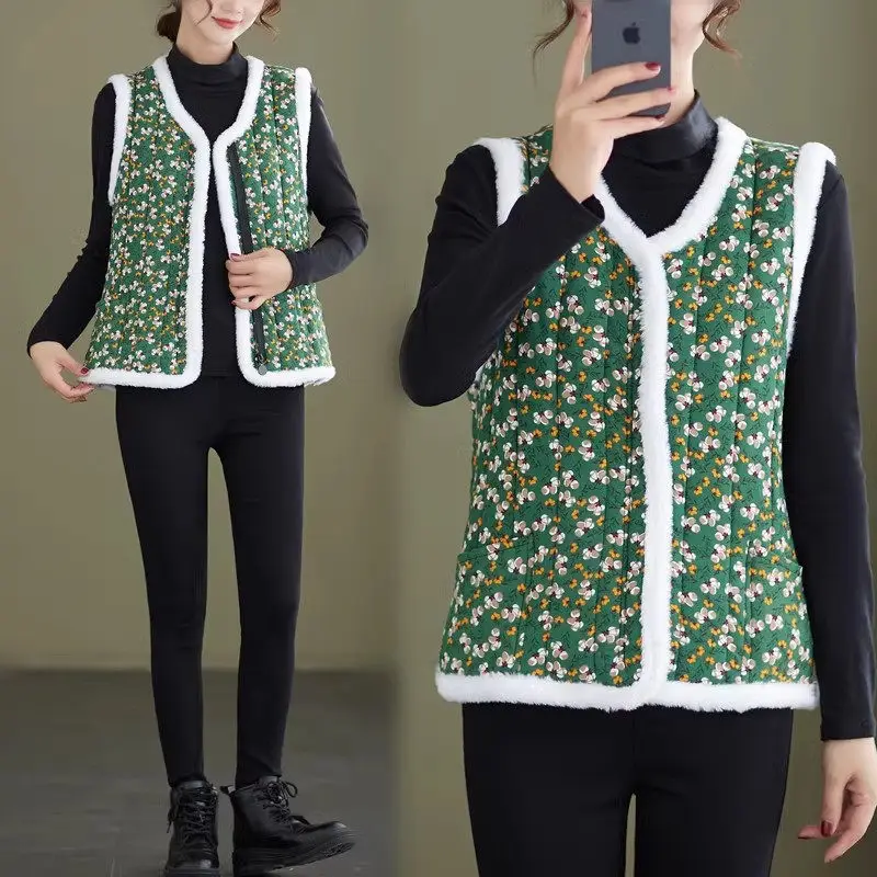 

Chinese Style Retro Waistcoat Jacket Women 2023 Autumn Winter Printed Warmth Lining Thickened Fur Spliced Cotton Top Vest Z4081