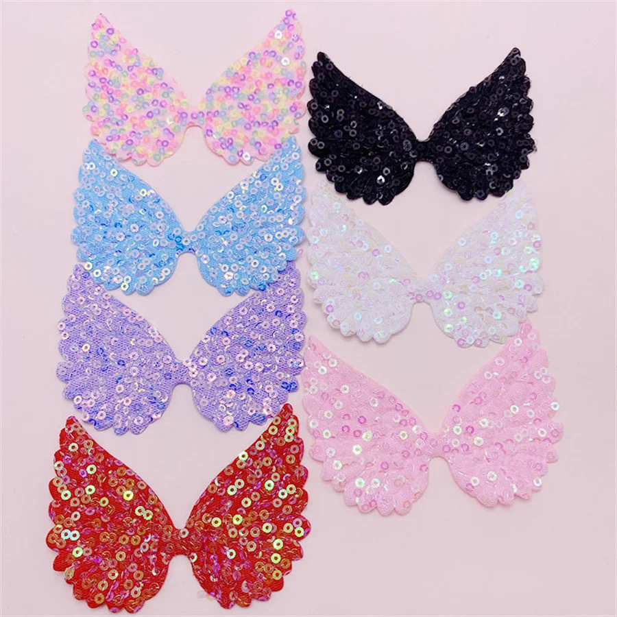 

25Pcs/Lot 8.5*7CM Sequin Bead Material Angel Wings Padded Applique For DIY Shoes Bags Clothes Hair Clip Bow Accessories Patches