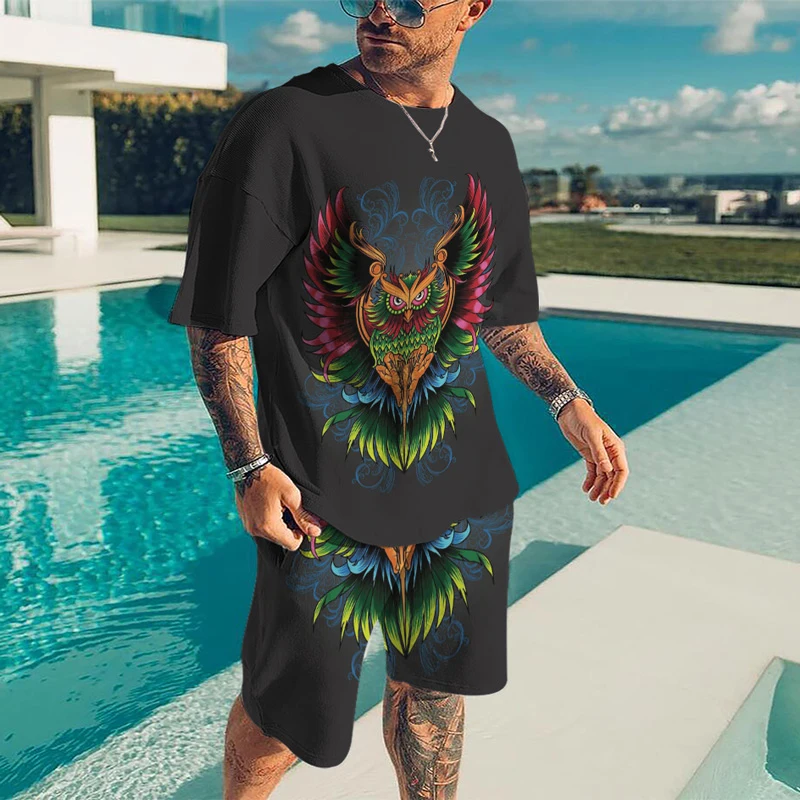 2023 Summer Tracksuit Short Sleeve Fashion Clothing For Men 3D Printed Set Casual T-shirt Top O-neck Owl Pattern Oversized