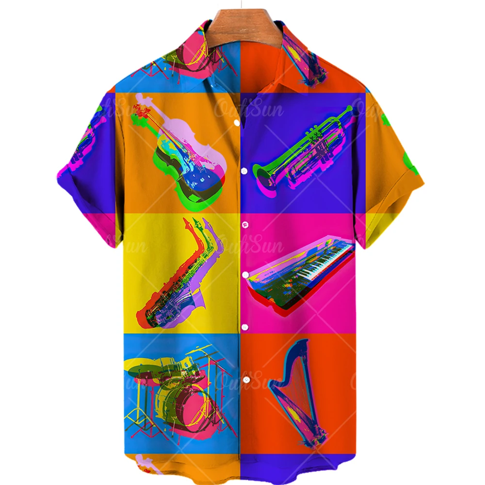 2023 Hawaiian Men's Shirt A button up Shirt Cartoon Instrument Standard oversized Print 3D Short Sleeve Beach top Carmisia