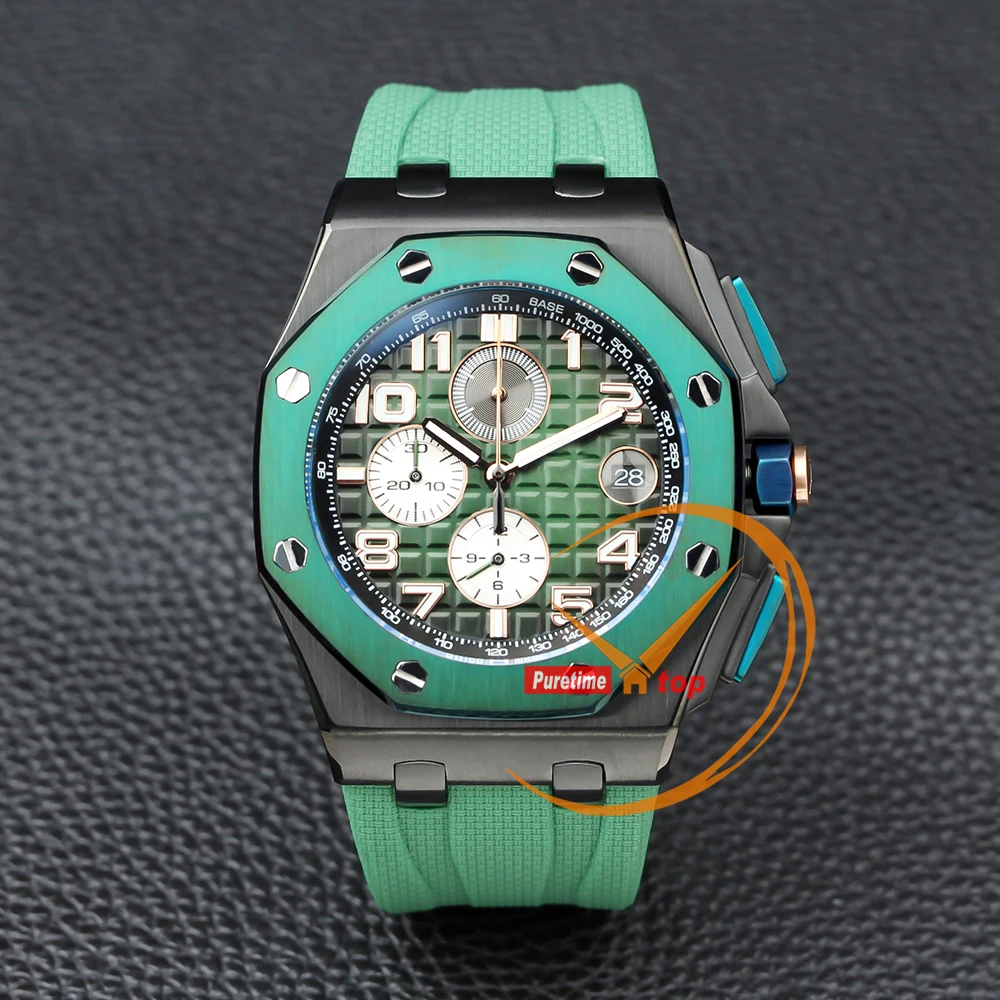 

Miyota Quartz Chronograph Mens Watch DLC Black Steel Green Dial Rubber Clone Watches Stopwatch 2023 Luxury Puretime.Top Brand
