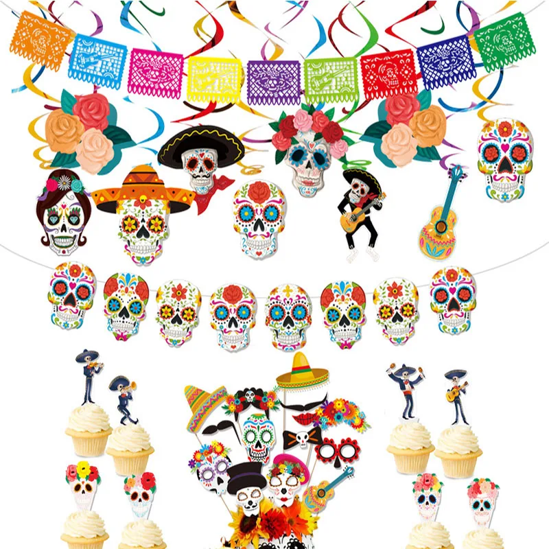 

Mexico Day of The Dead Theme Skull Banner Multicolor Mexican Photography Backdrop with Photo Booth Props Party Decorations