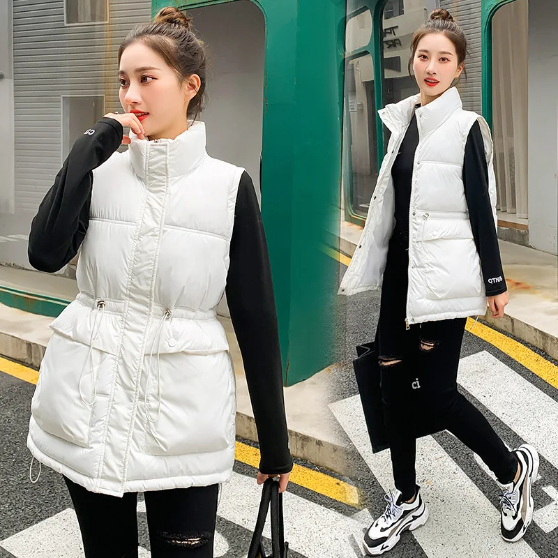 

Korean version down cotton women's mid-length large pockets thickened waist slim sleeveless waistcoat stand collar jacket