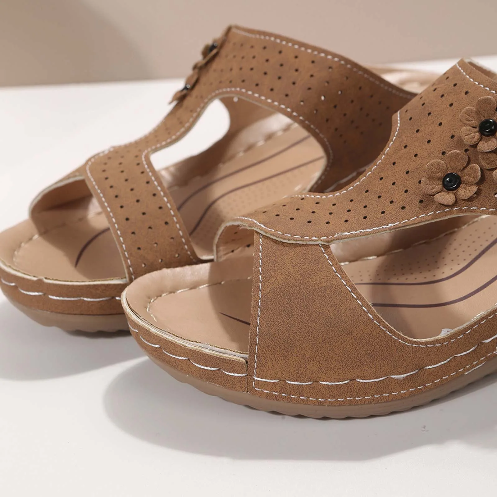 Винтажные Женские Сандалии С Т-образным Ремешком И Цветочным Принтом Плоский