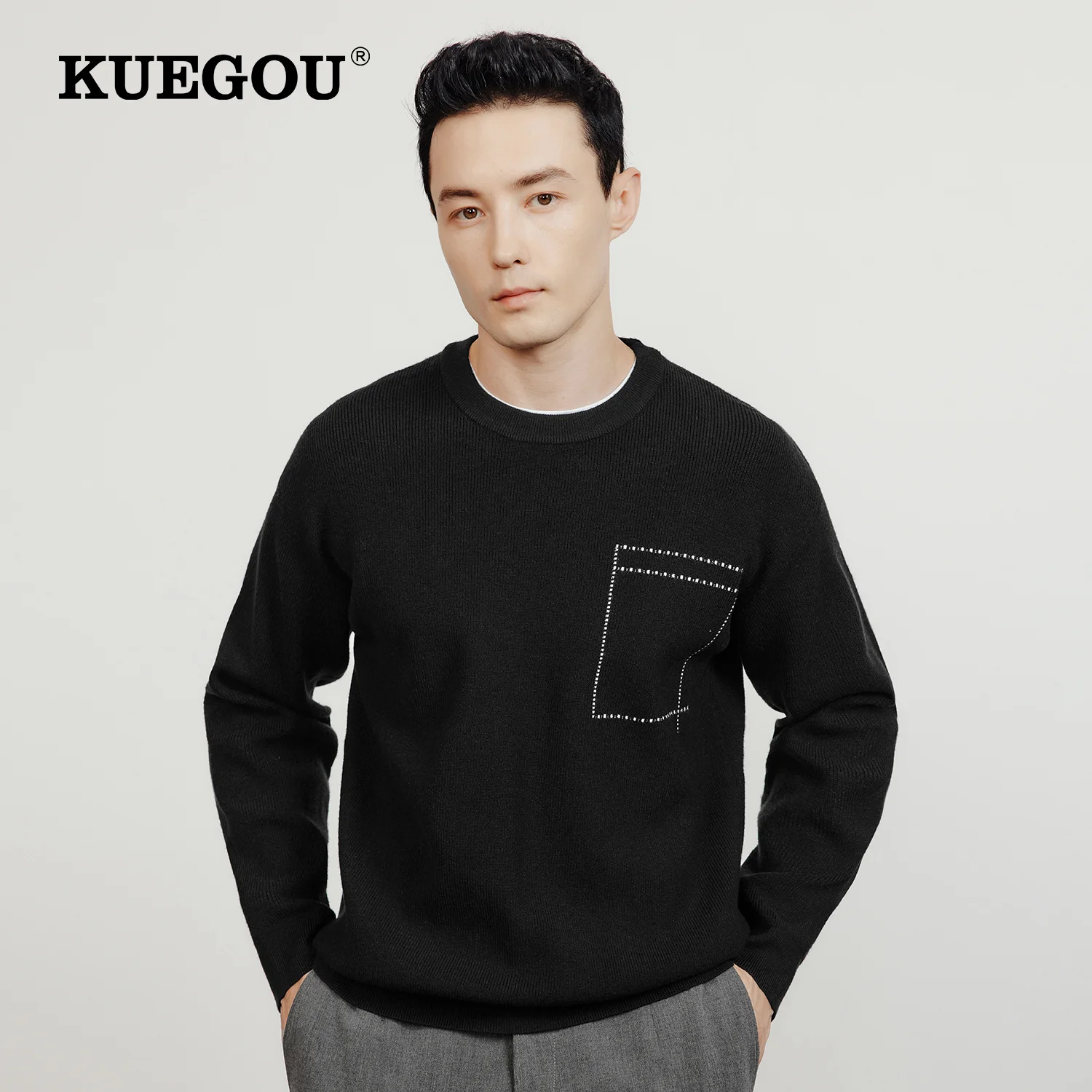 KUEGOU 2022 Autumn Plain Black Sweater Geometric Men Pullover fashion Casual Jumper For Male Wear Brand Knitted Clothes 92016