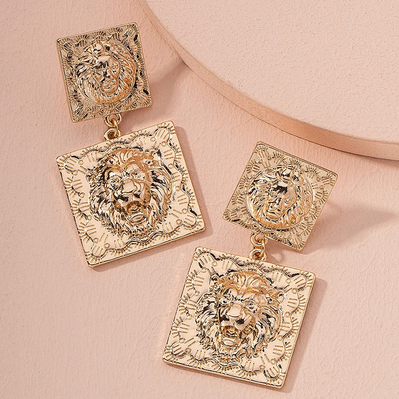Винтажные женские серьги с тиснением в виде головы льва металлические крутые