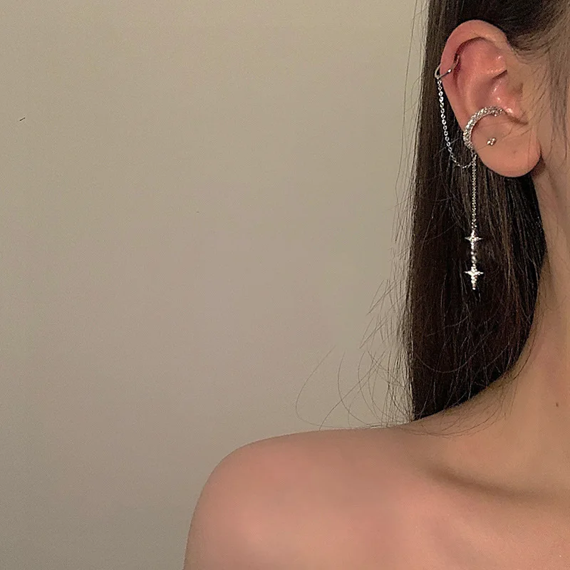 

Frigid Wind No Pierced Ear Clip Cross Star Chain Tassel Ear Bone Clip Temperament Simple Earrings Fashion Earrings