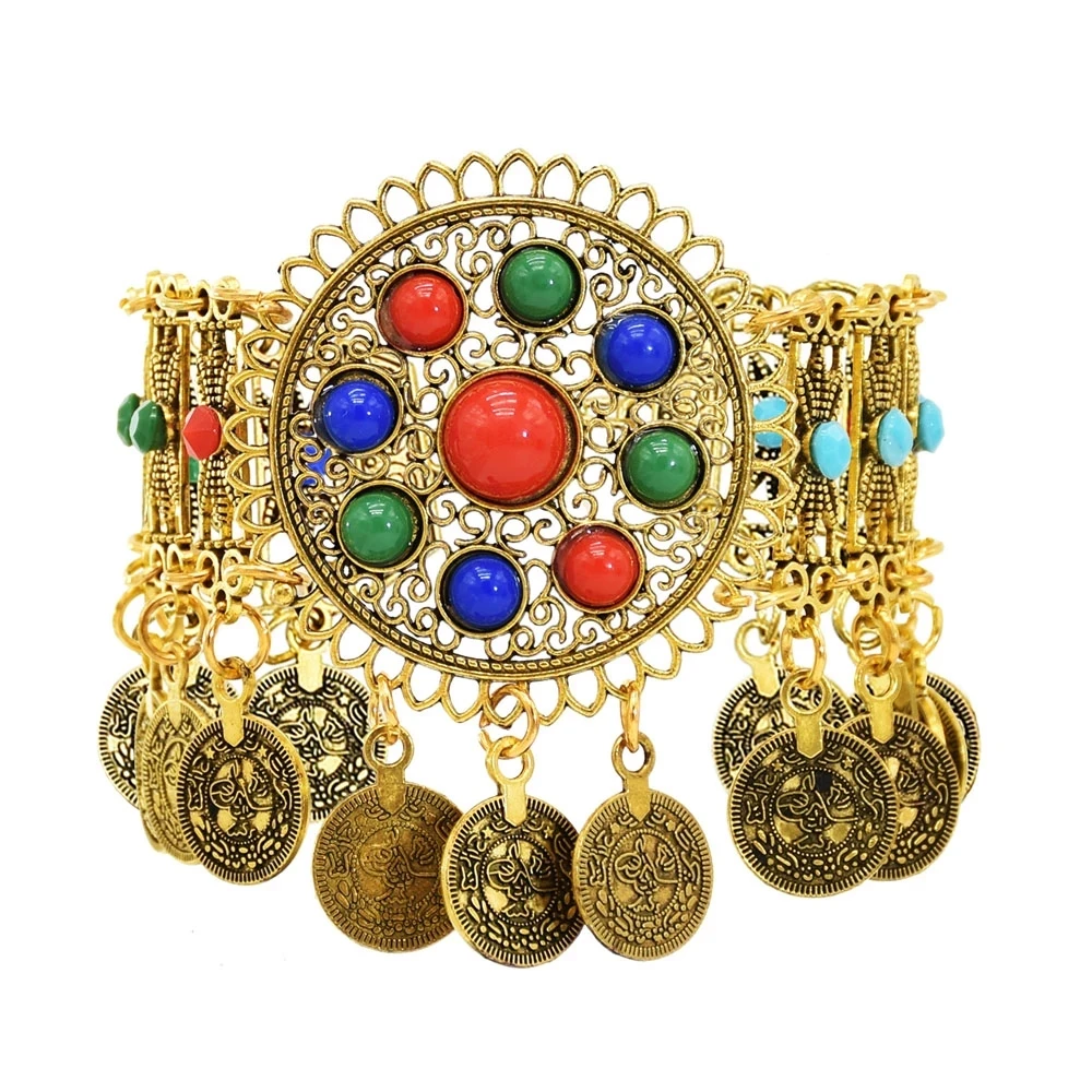 

Vintage Gypsy Ethnic Tribal Coins Bracelet for Women Colorful Acrylic Beads Round Metal Carved Babgle Boho Afghan Indian Jewelry