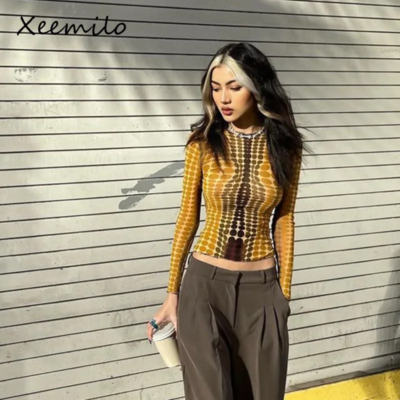 Женский укороченный топ в горошек Xeemilo с круглым вырезом и открытым пупком Y2K