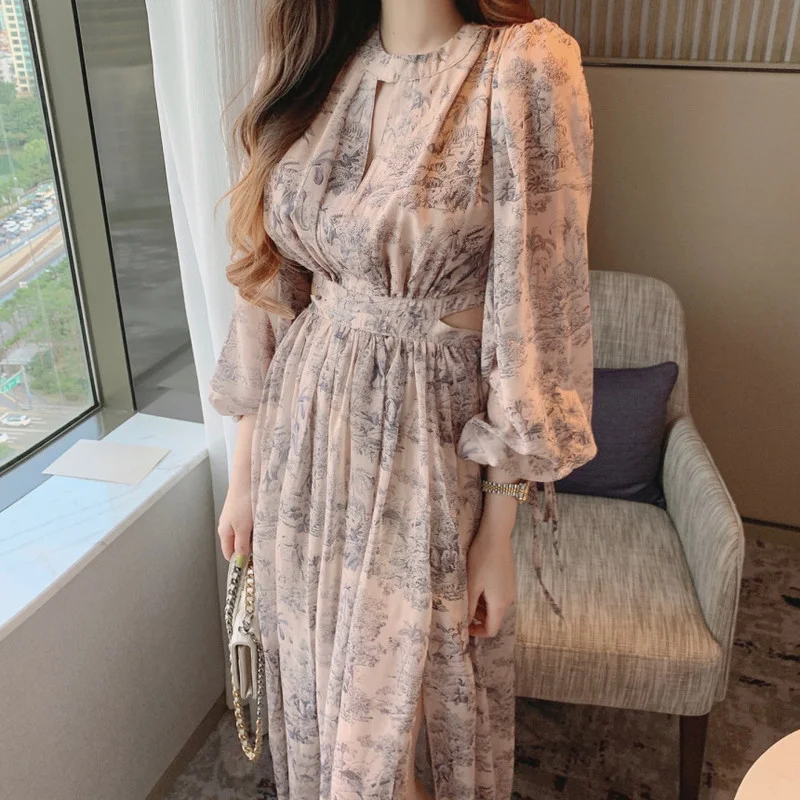 

Korean Chic Spring Flower Dress Women 2022 Summer New Elegant Round Neck Hollow Lantern Sleeve Retro Dress Sexy High Split Dress