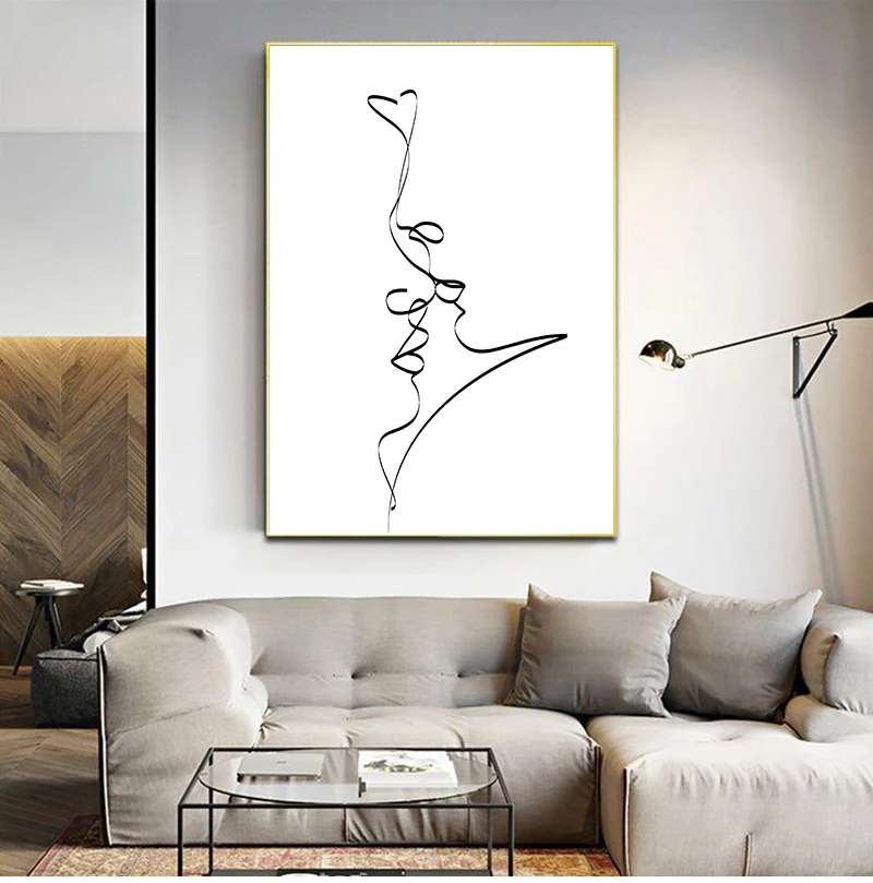 Абстрактный поцелуй для пары рисунок принт любовь черный белый постер