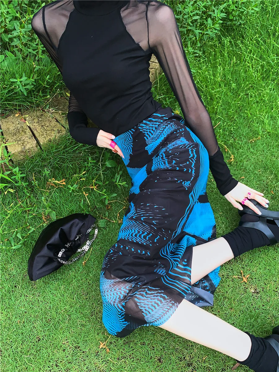 

Юбка ZCSMLL Женская сетчатая с завышенной талией, длинная трапециевидная юбка средней длины, дизайнерская, с бабочками, голубая, лето 2022