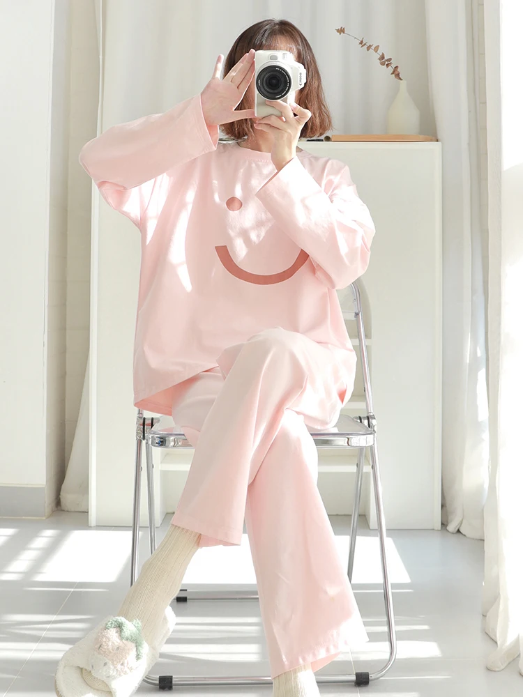 

Student ins style Women's pajamas female spring autumn pink cartoon cute long-sleeved trousers plus size suit Homewear