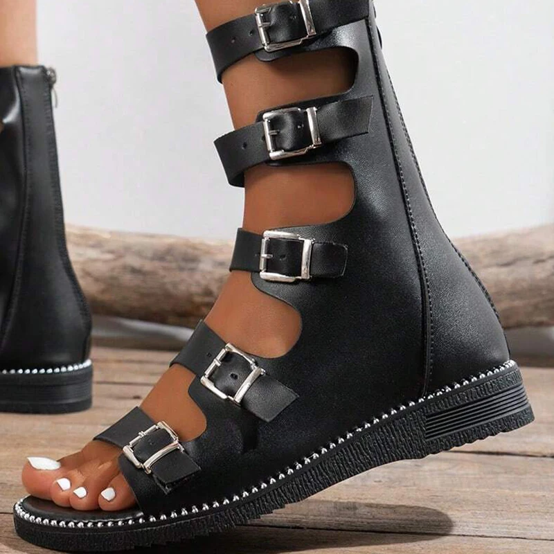 2023 Fashion Buckle Design Women Summer Sandals Round Flats Heel Back Strap Peep Toe Beach Casual Fashion Shoes Ladies