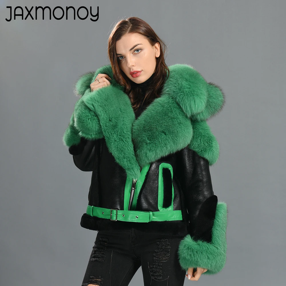 

Женское пальто из овчины Jaxmonoy с большим воротником из натурального Лисьего меха, Дамская Сувенирная Куртка из овчины, новинка 2022, Толстая теплая куртка из натуральной кожи