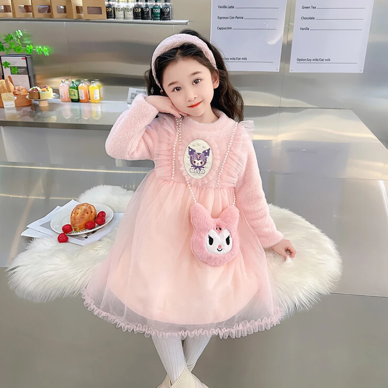 

Плюшевое платье принцессы Sanrioes для девочек, Платье Аниме Kuromi для свадьбы, дня рождения, платье-пачка, детская одежда в стиле "Лолита", рождественский подарок, Осень-зима