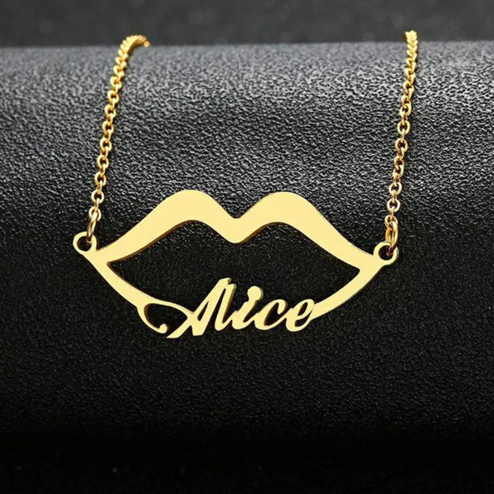 

JewelryR Custom Name Necklace Personality Stainless Steel Sexy Lips Nameplate Pendant Chokers For Women Jewelry Anniversary Gift