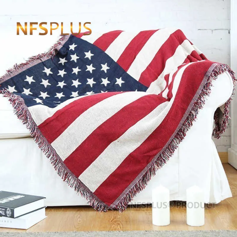 

USA Flag Knitted Sofa Blanket Luxury Heavy Thicken Warm 130x180cm Cotton Blending Fabric Bed Spread Couch Coverings Quilt Throws