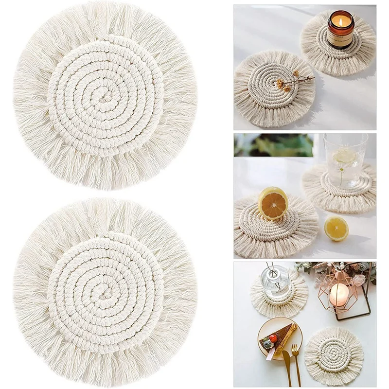 5PCS Macrame Handmade Cotton Coasters Woven Coaster For Coffee Table Boho Set With Tassels Heat