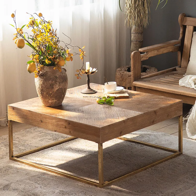 

Ретро Простой квадратный роскошный журнальный столик из массива дерева с железными ножками диван круглый боковой столик центральный столик для гостиной мебель