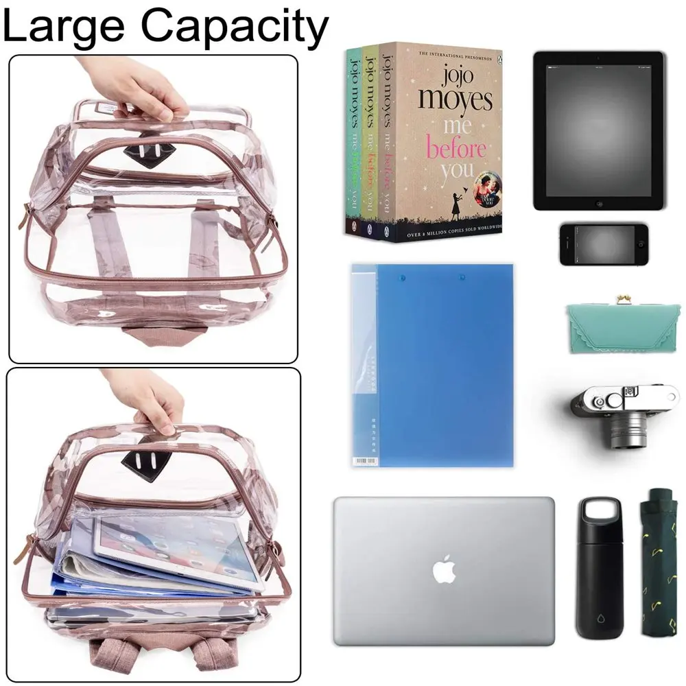 Clear Bookbag Large See Through Backpack for Women and Men Stadium Approved Transparent Bag for College Work Travel,Rose Gold