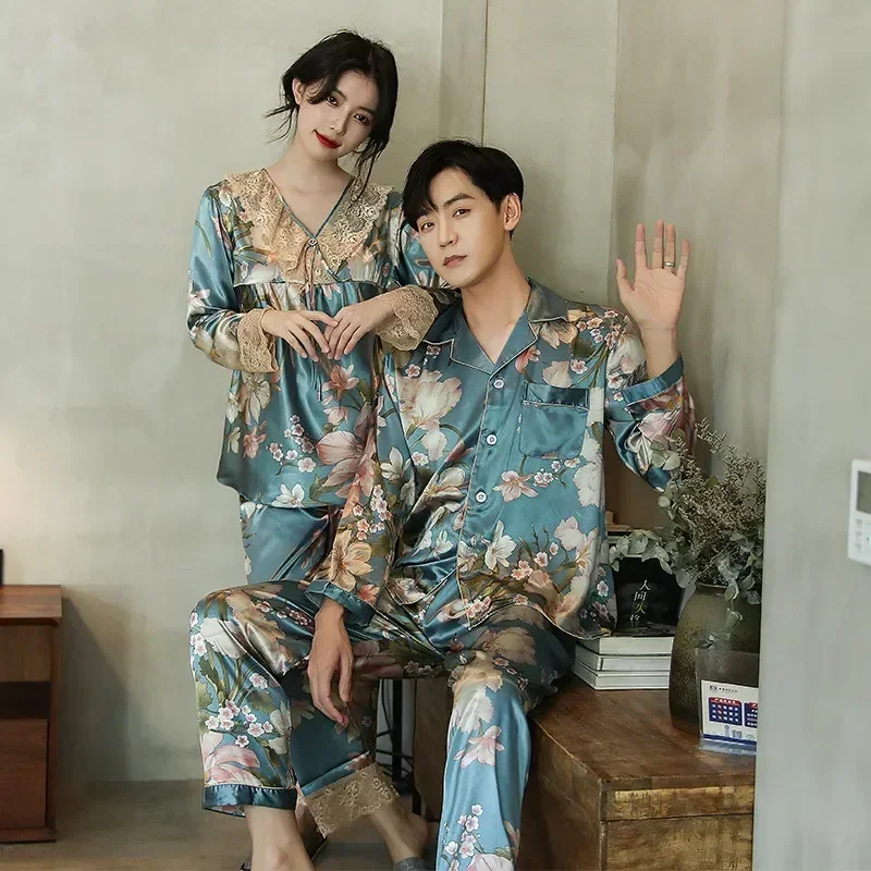 

Sleepwear Couple Pants Satin Pajamas Autumn Women Men Shirt Spring Loungewear Printed Floral Homewear Pullover Pyjamas Trousers
