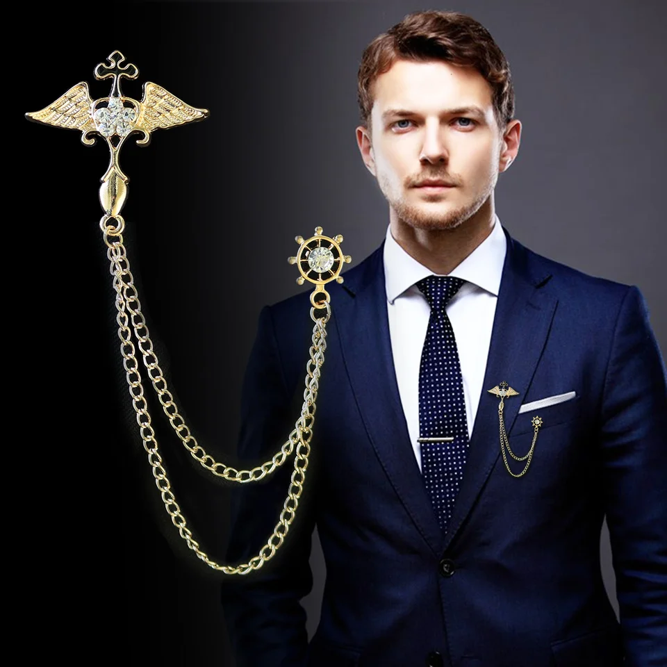 

i-Remiel New Korean Angel Wing Brooch Tassel Chain Pin for Men's Cardigan Suit Shirt Collar Pins and Brooches Collar Accessories