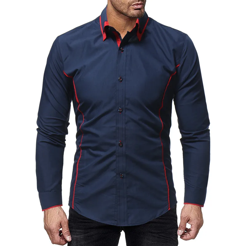 2022 spring and autumn European and American new color contrast double collar men's casual slim long sleeve shirt men's shirt
