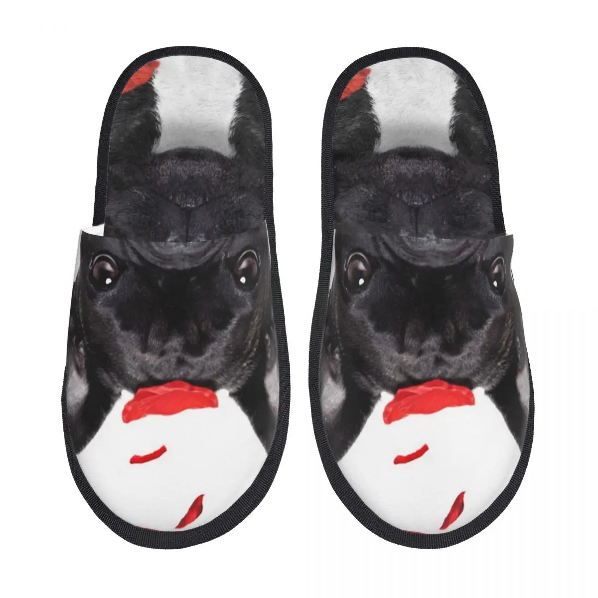 Тапки женские и мужские зимние теплые Французские бульдоги собака с лепестками