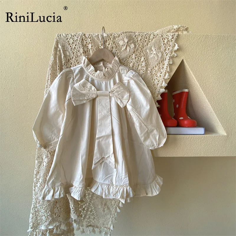 

Criscky 2022 Spring Baby Girls Cotton Linen Dresses Solid Bowknot Ruffles Puff Sleeve Korean Children Princess Dress