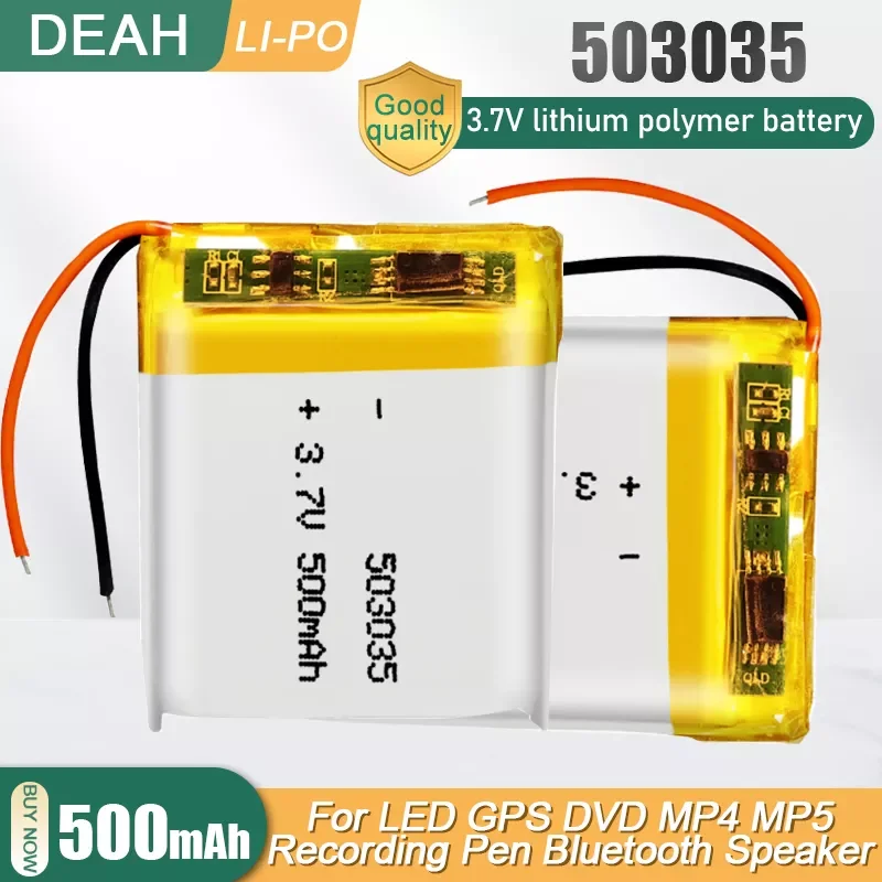 

503035 3.7V 500mAh Lithium Polymer Lipo Rechargeable Battery For MP3 GPS DVD LED Light Bluetooth Headset Speaker Fan Smart Watch