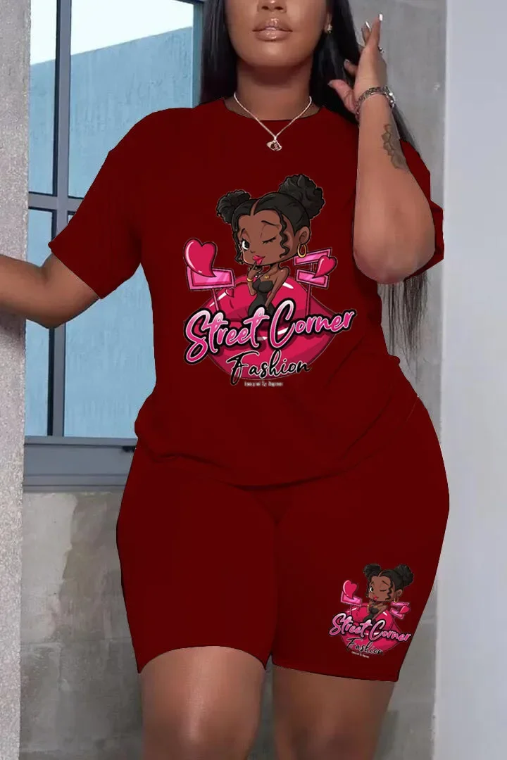 Damski zestaw Plus Size Letni swobodny top z krótkim rękawem T-shirt i krótkie spodnie Dwuczęściowy nadrukiem kreskówek 2-częściowy