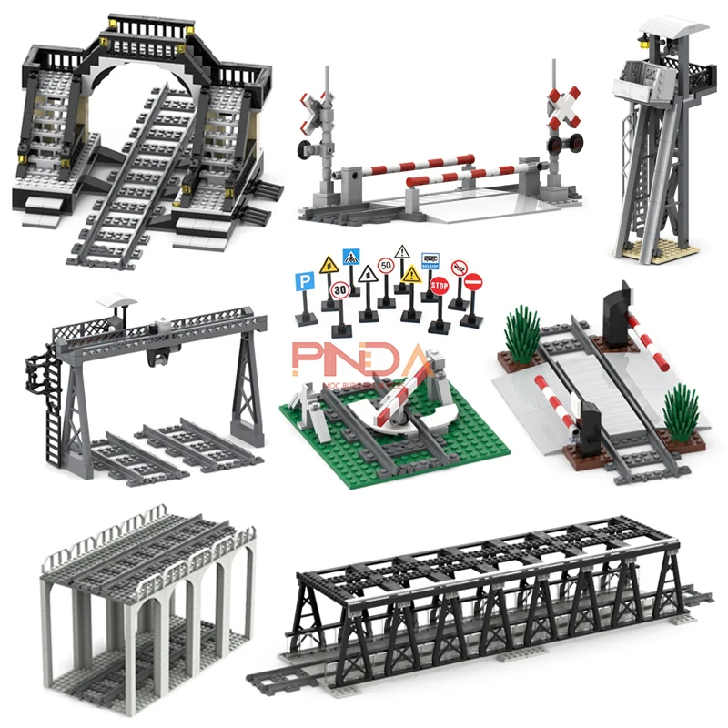 MOC Railroad Crossing Traffic Light Sign Lever Tunnel Bridge Model Building Blocks Compatible 53401 City Train Scene Bricks Toys