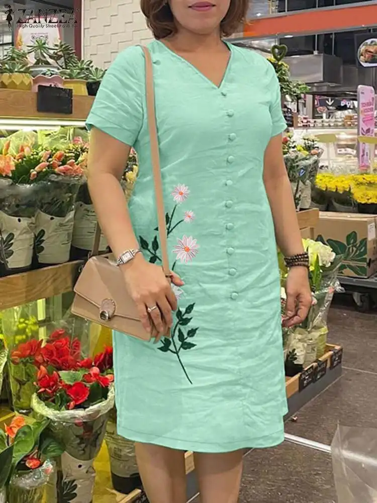 Женское летнее платье ZANZEA с V-образным вырезом и коротким рукавом элегантный