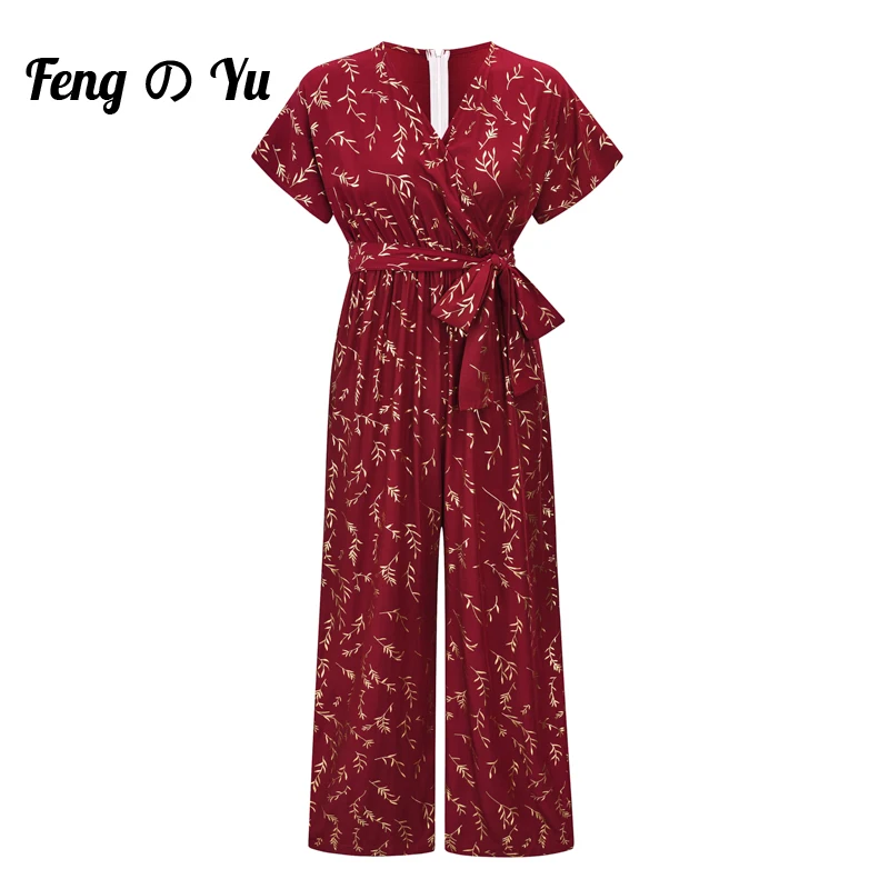 

2022 Fashion Women Jumpsuits Rompers Summer Casual Print V-neck Pocket Overalls Jumpsuit Short Sleeve Wide Leg Loose Jumpsuit