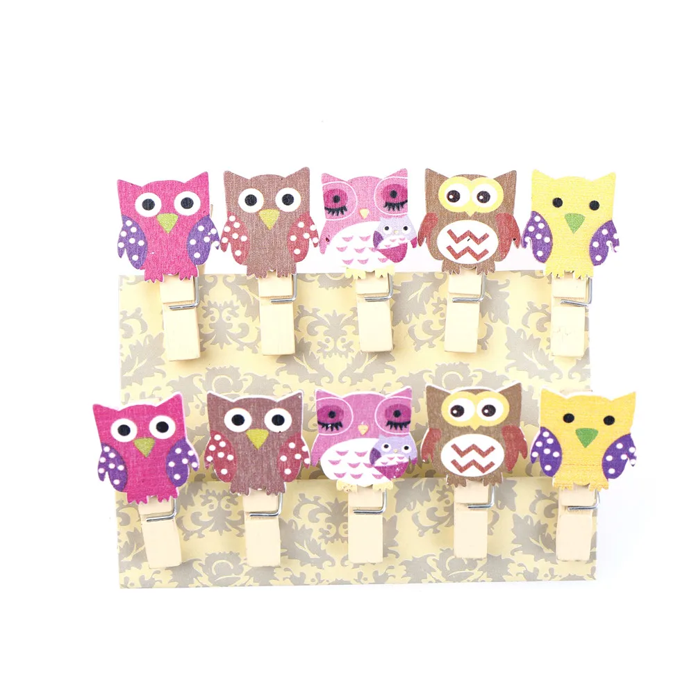 

10pcs Owl wooden clips with hemp rope photo clip wood paper clip for bag DIY tools
