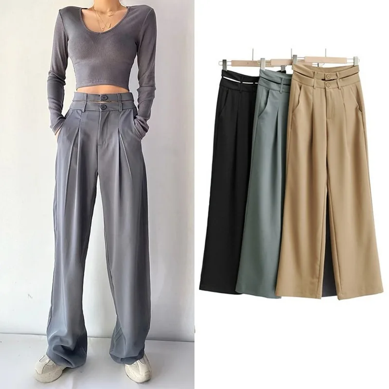 

Double Waist Unique Design Blazer Suit Pants Women Solid Colors High Waist Pleat Straight Pants Casual Commute Tailored Trousers