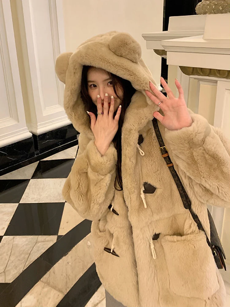 

Новинка Зима 2023, женская зимняя уличная одежда с капюшоном и гусеничной кнопкой, повседневная куртка из искусственного меха норки