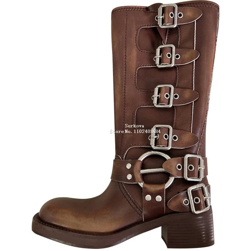 Metal Buckle Retro Brown Knight Boots Woman Winter 2023 Slip-On Heels Mid-Calf Boots Round Toe Chunky Heel Western Cowboy Boots