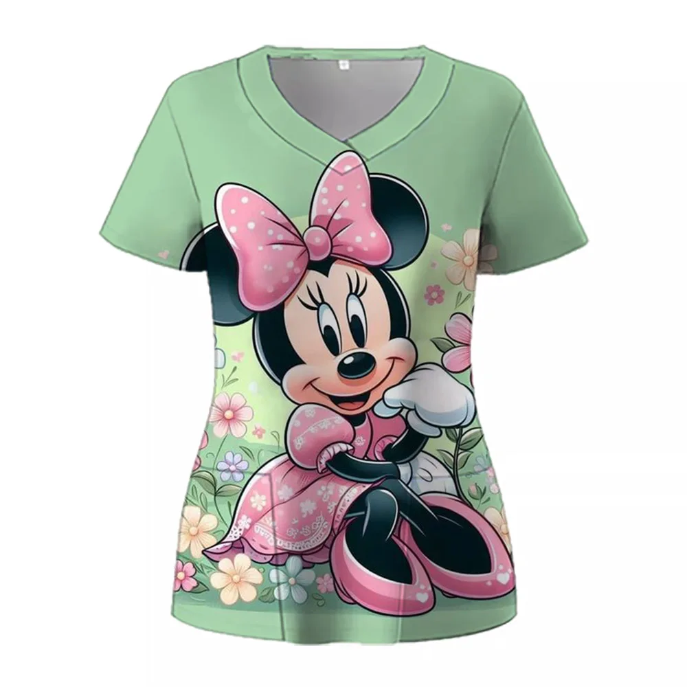 Disney Mickey Mouse Print Nurse Uniform Cute Minnie 3D V-Neck Pocket Medical Uniforms cartoon Nursing Scrubs Uniforme